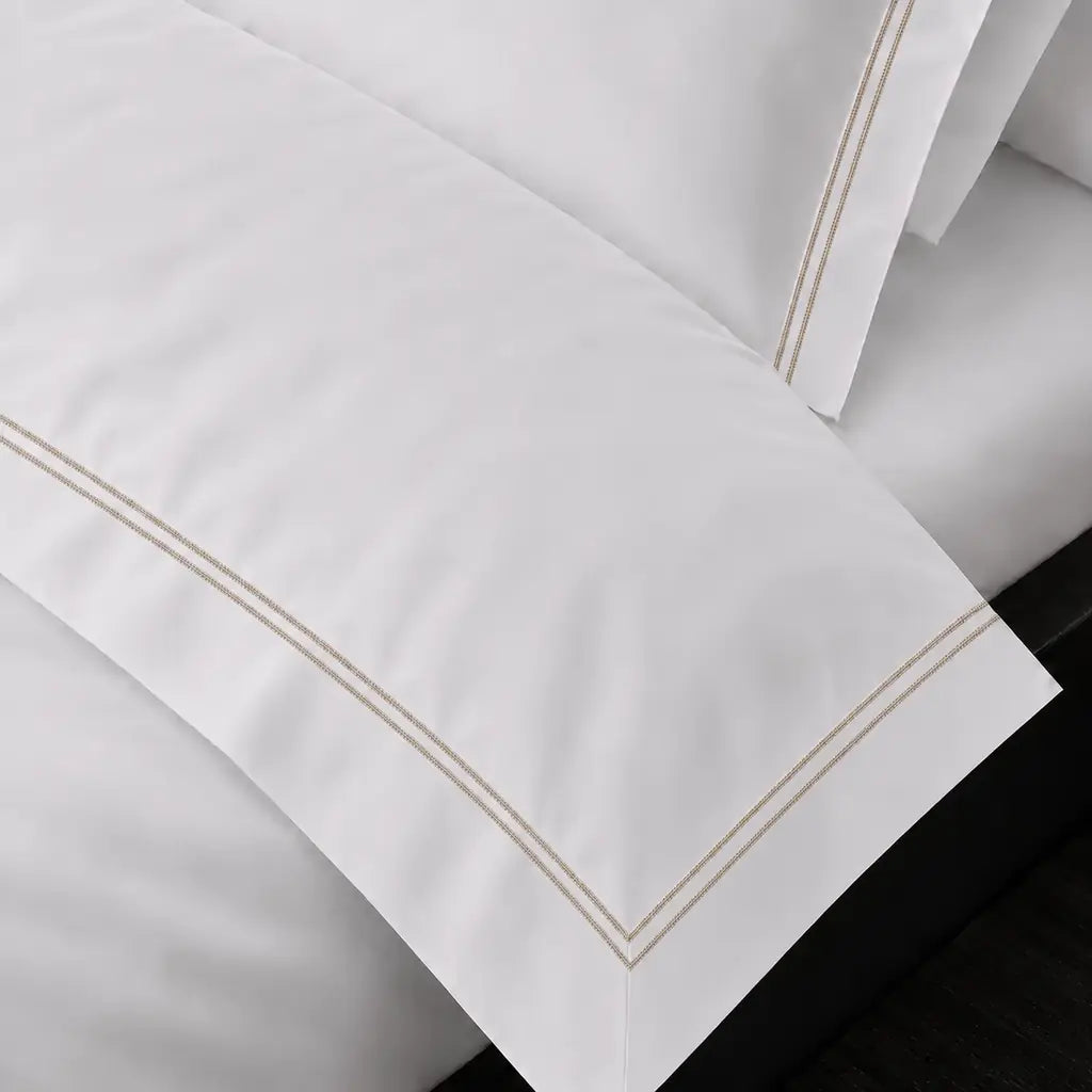 White Cotton 300TC Oxford duvet cover set with two row stone satin stitch — on-bed detail — Linen & Co