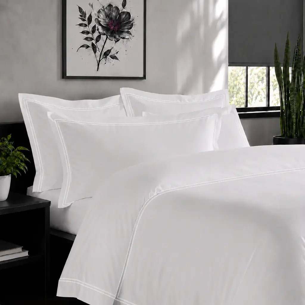 White Cotton 300TC Oxford duvet cover set with two row white satin stitch — alternate lifestyle view — Linen & Co