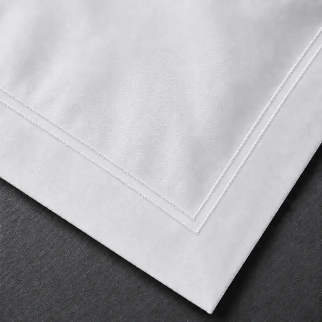 White Cotton 300TC Oxford duvet cover set with two row white satin stitch — embroidery close-up — Linen & Co