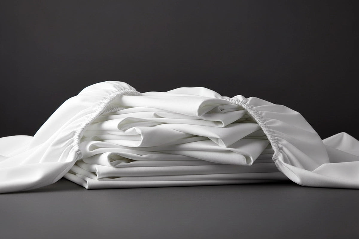 White elastic corner fitted sheet neatly folded on dark surface, premium hospitality bed linen by Linen and Co
