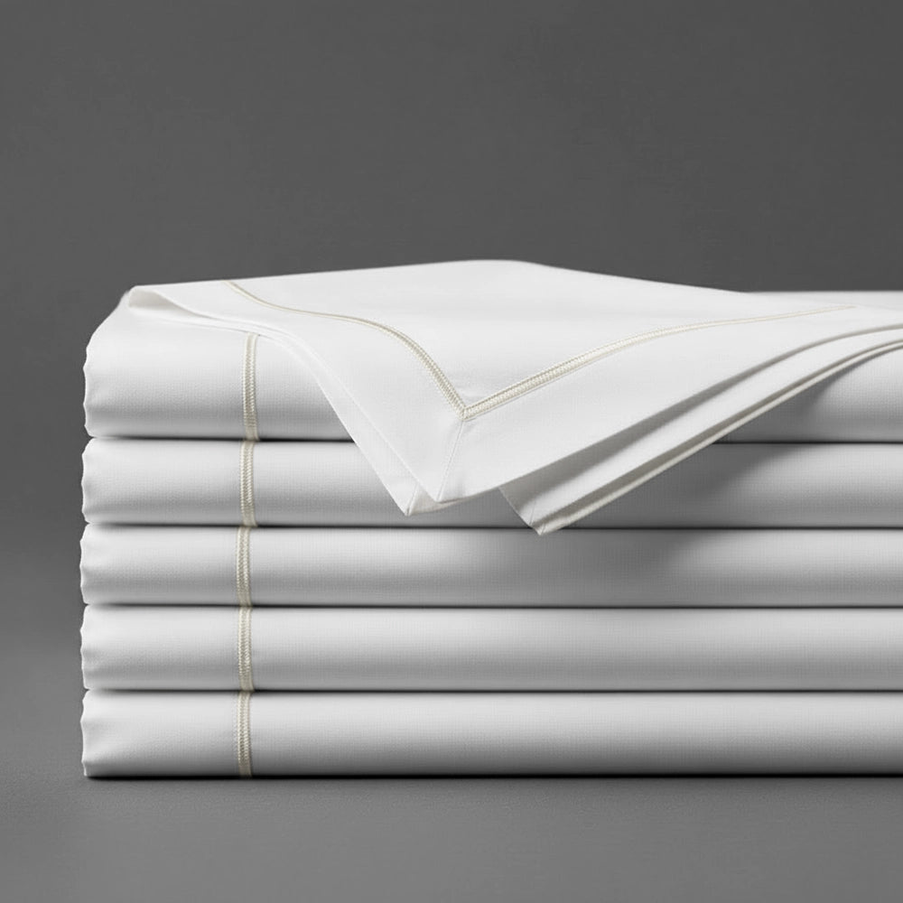 White Flat Sheet with Cream Satin Stitch by Linen and Co - premium bed linen