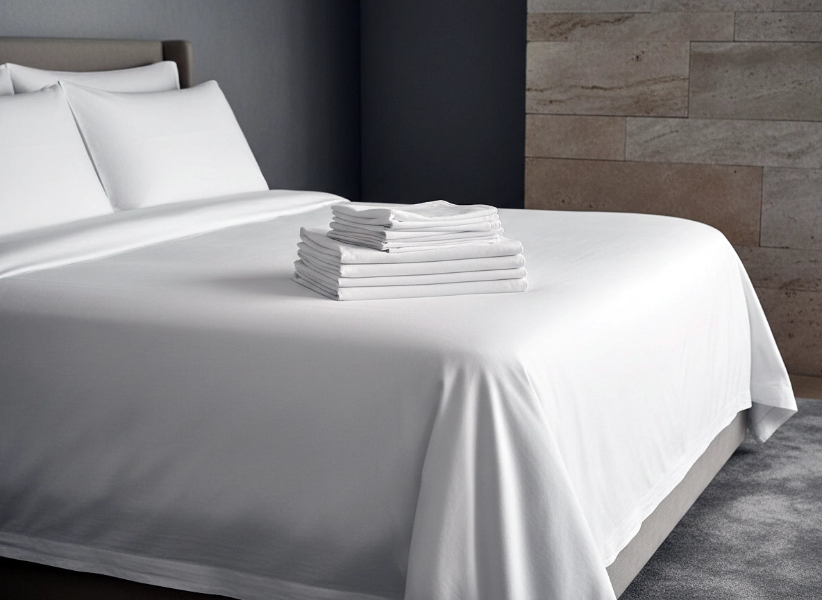 Crisp white hotel bed linen with neatly folded towels, premium hospitality bedding by Linen and Co.