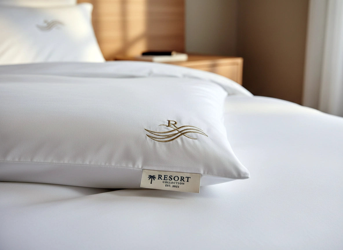 Custom embroidered logo and woven label on premium white cotton percale bedding, showcasing professional hospitality linen branding detail with soft natural lighting
