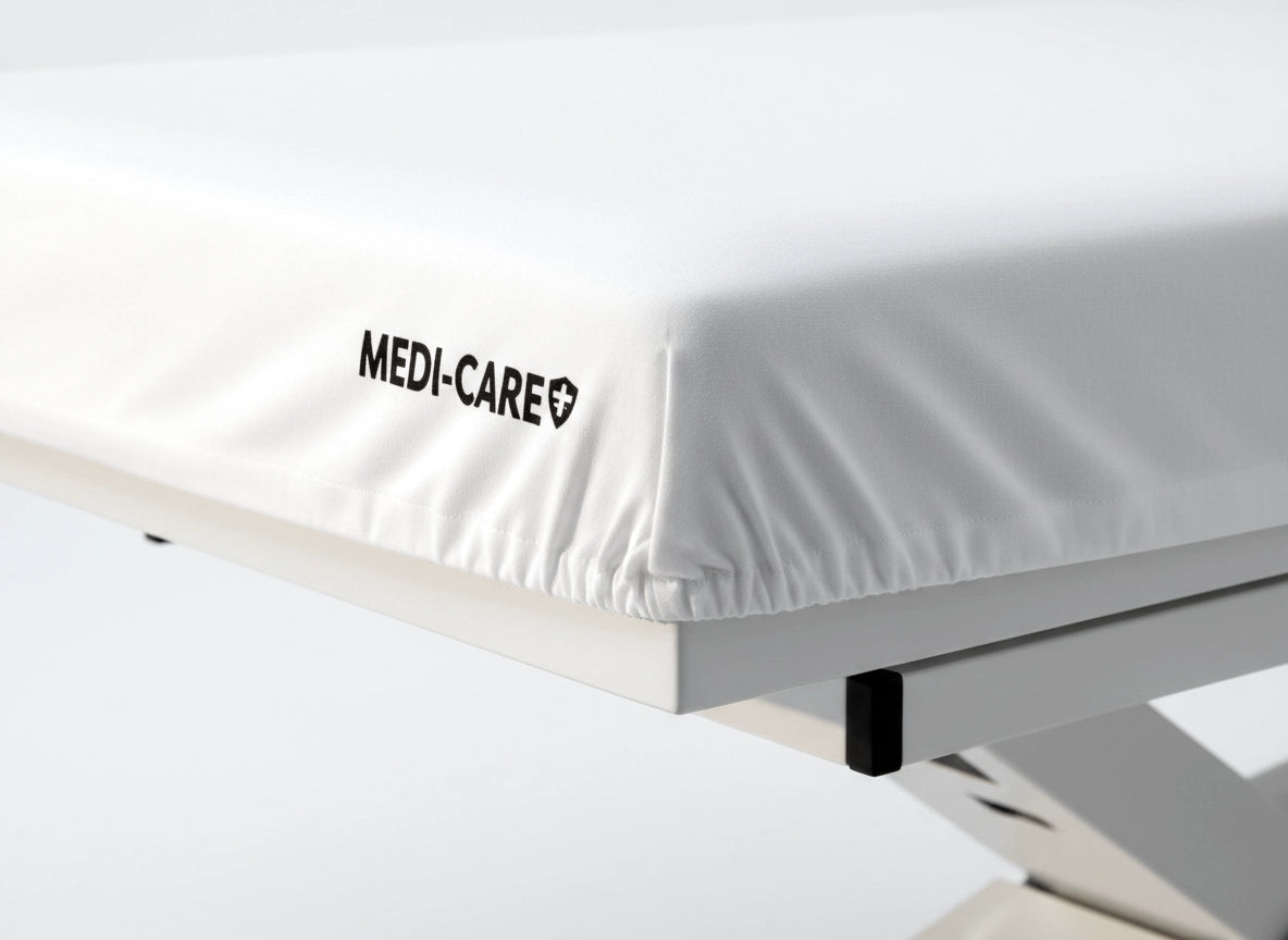 Premium white cotton fitted sheet on medical examination bed with screen-printed property name and logo in black ink showing professional branding durability and quality