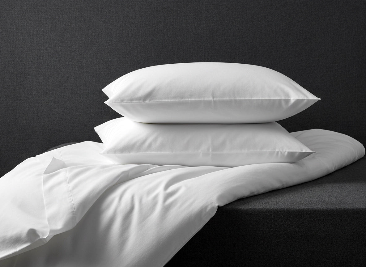 White percale bed linen set with pillows and duvet on bed by Linen and Co - luxury hospitality bedding collection