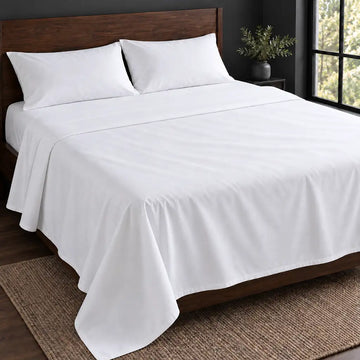 white polycotton percale 200tc flat sheet, plain no satin stitch — hero — Linen and Co