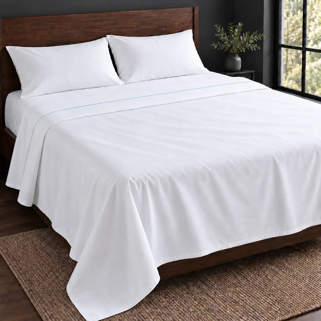 white polycotton percale 200tc flat sheet, one row duck egg satin stitch — hero — Linen and Co