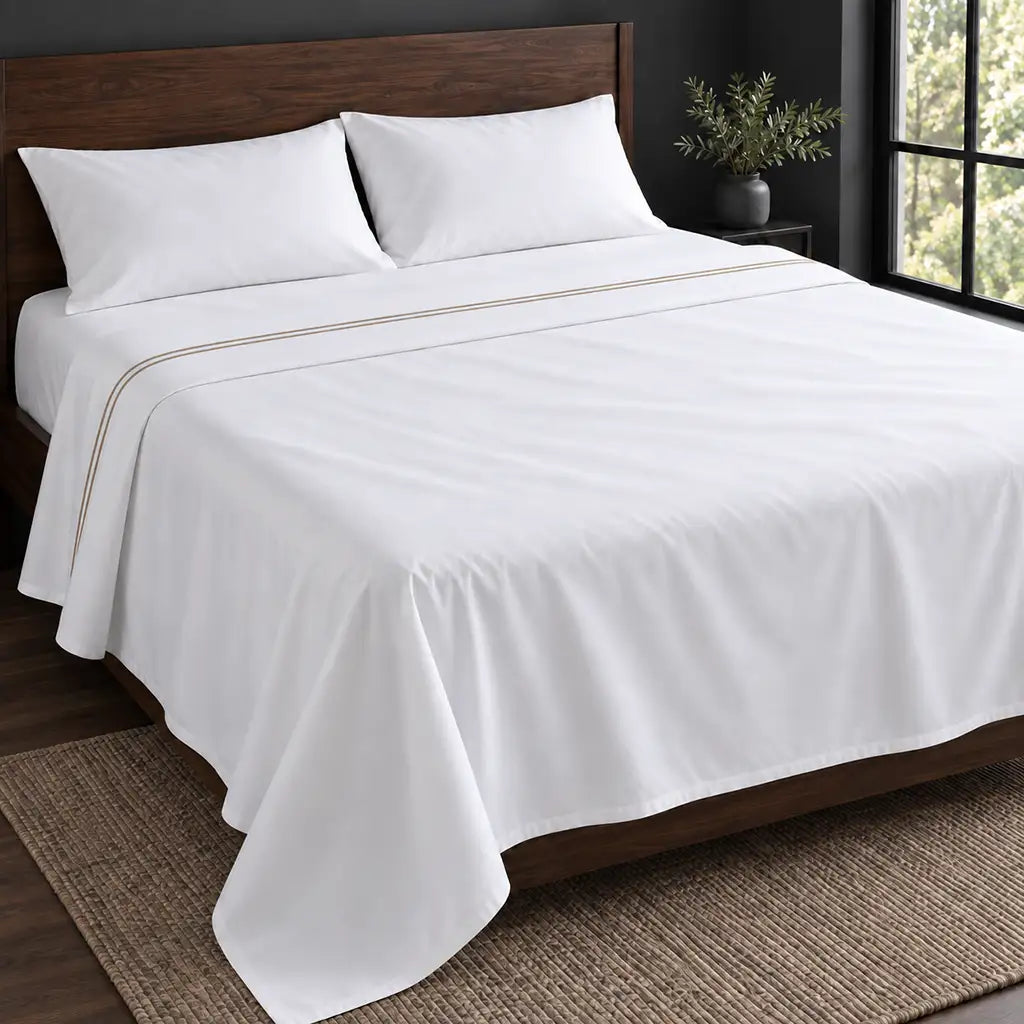 white polycotton percale 200tc flat sheet, two row stone satin stitch — hero — Linen and Co