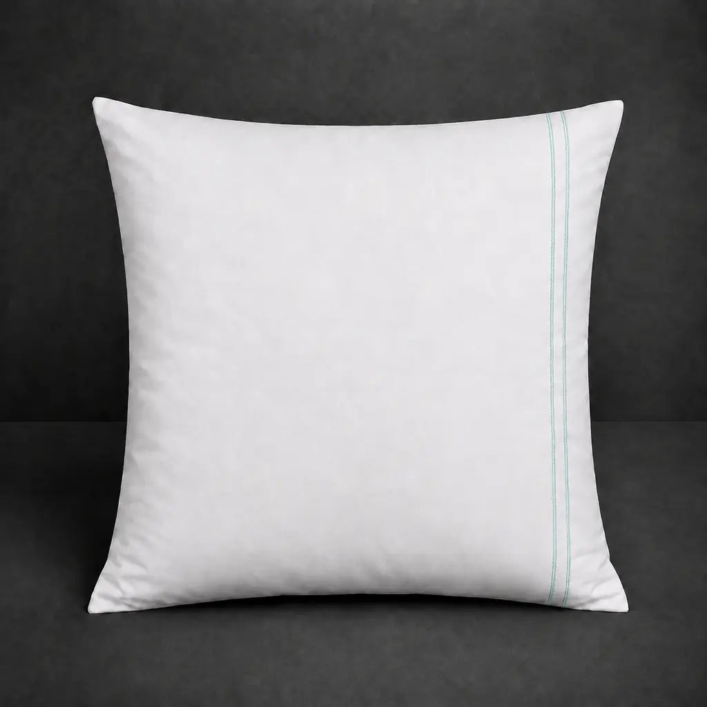 White Polycotton Percale 200TC Continental pillow case with Duck Egg two-row satin stitch - front view - Linen and Co