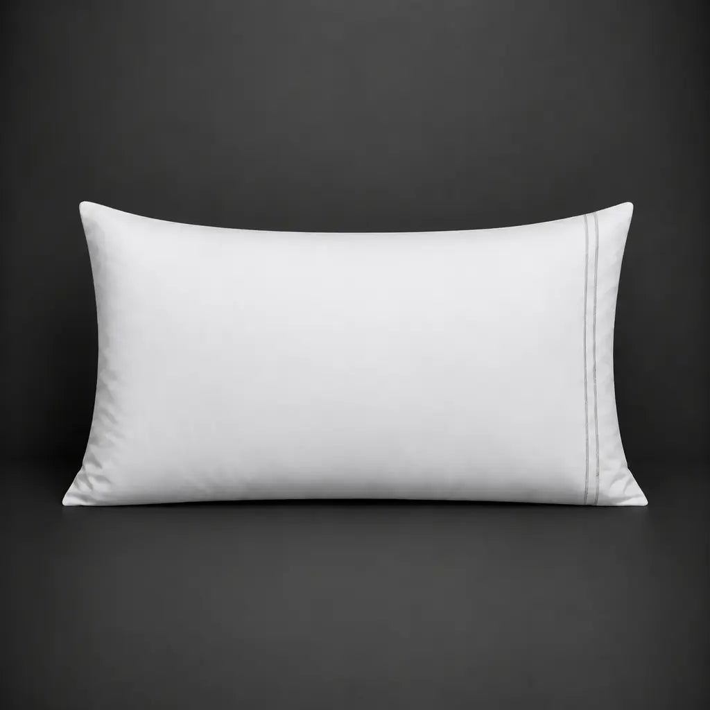 White Polycotton Percale 200TC pillow case, Standard and King, Grey two-row satin stitch - front view - Linen and Co