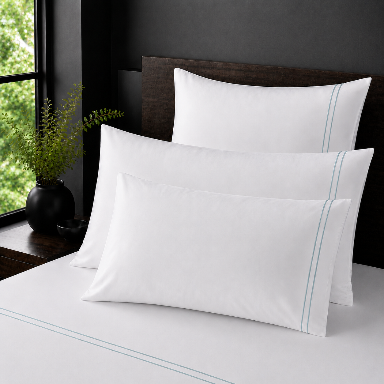 White Polycotton Percale 200TC pillow cases with duck egg two row satin stitch - on the bed - Linen and Co