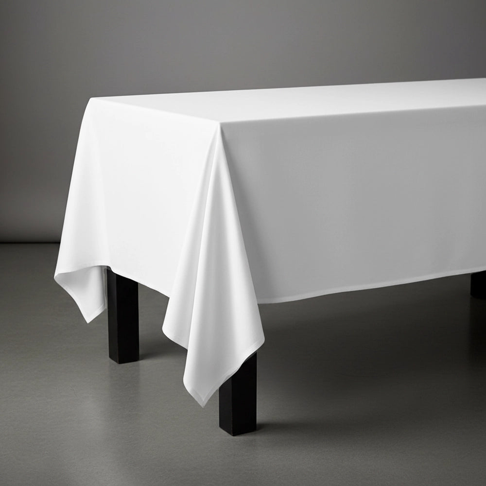 White rectangle table cloth on wooden table by Linen and Co - premium hospitality table linen
