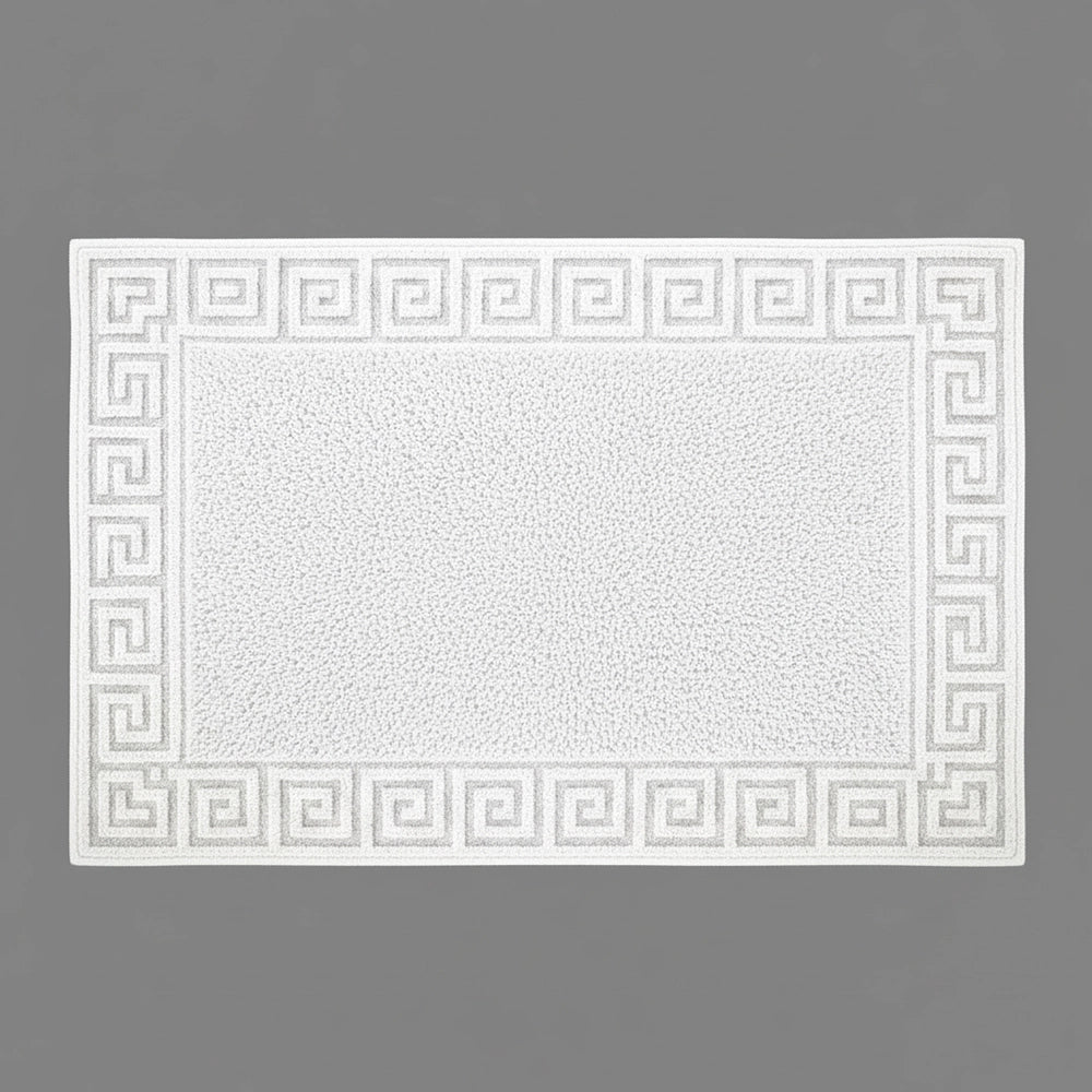White SB bath mat with Greek key border by Linen and Co - premium hospitality bath linen