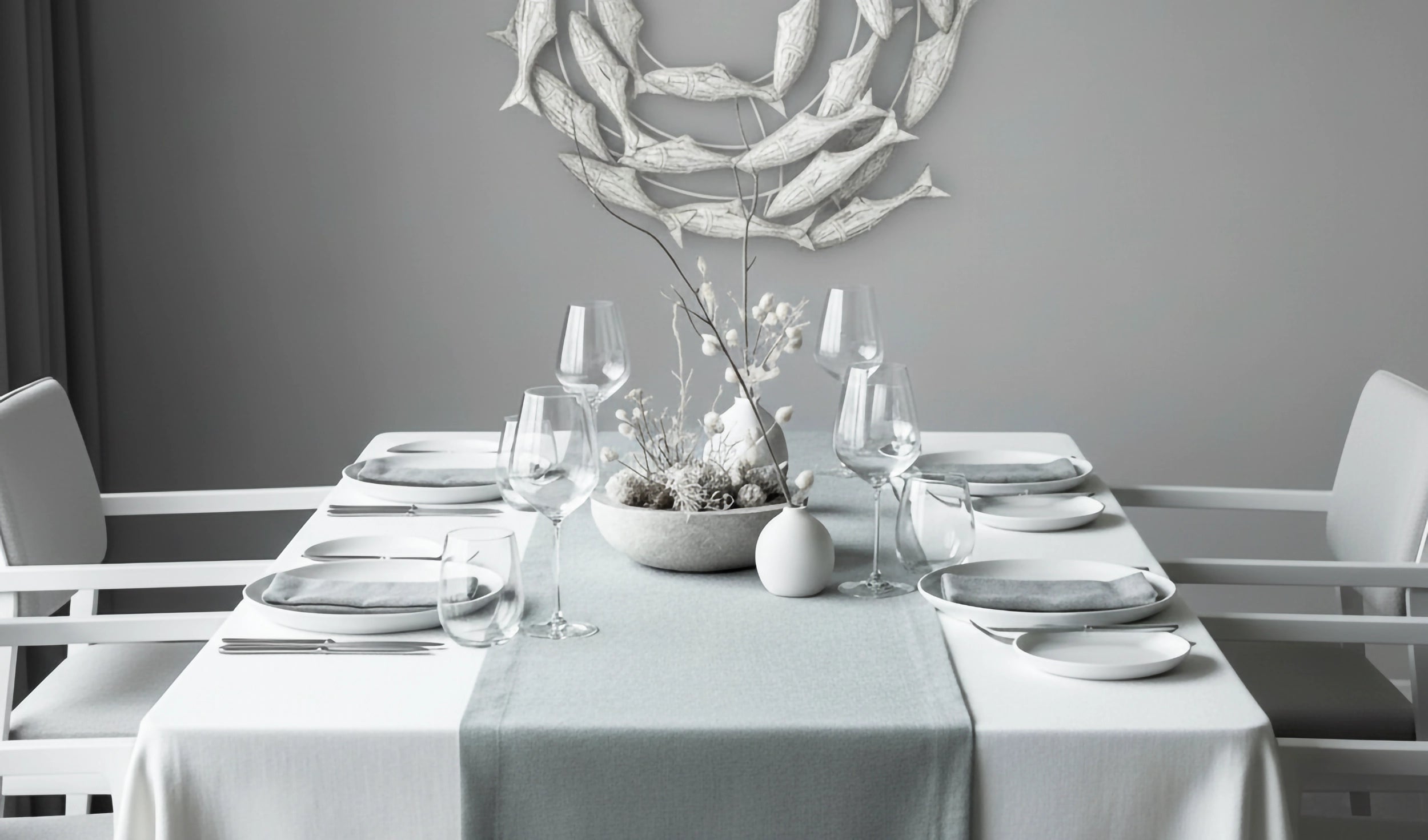 White table linen with light grey table runner on a dining table set for casual dining by Linen and Co - premium hospitality table linen