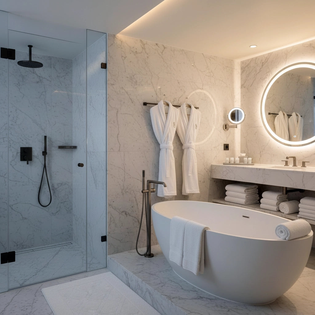 Luxury hotel bathroom with stacked white towels and hanging white bathrobes, premium hospitality bath linen by Linen and Co.