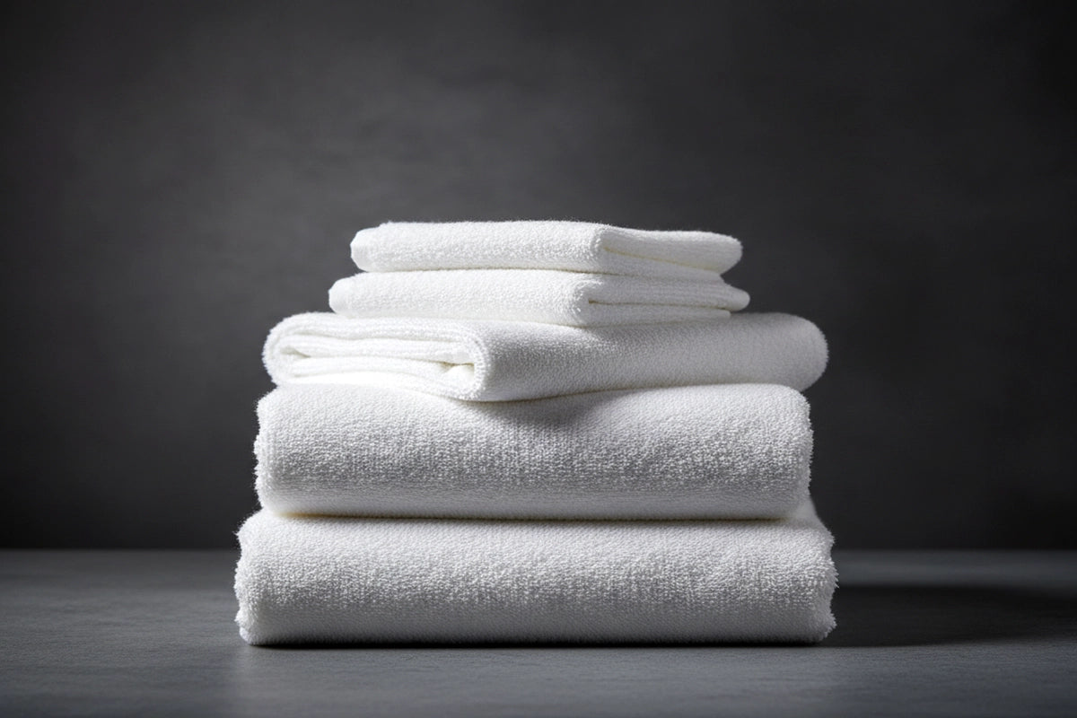 Neatly stacked white bath towels on dark surface, premium hospitality towels by Linen and Co