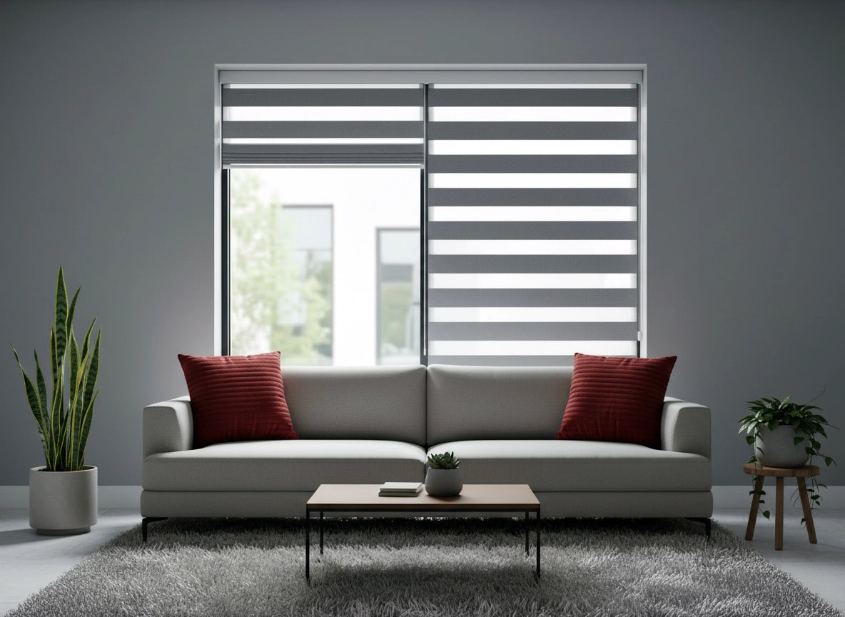 Zebra window blinds with striped light control in modern living room by Linen and Co - premium window treatments collection