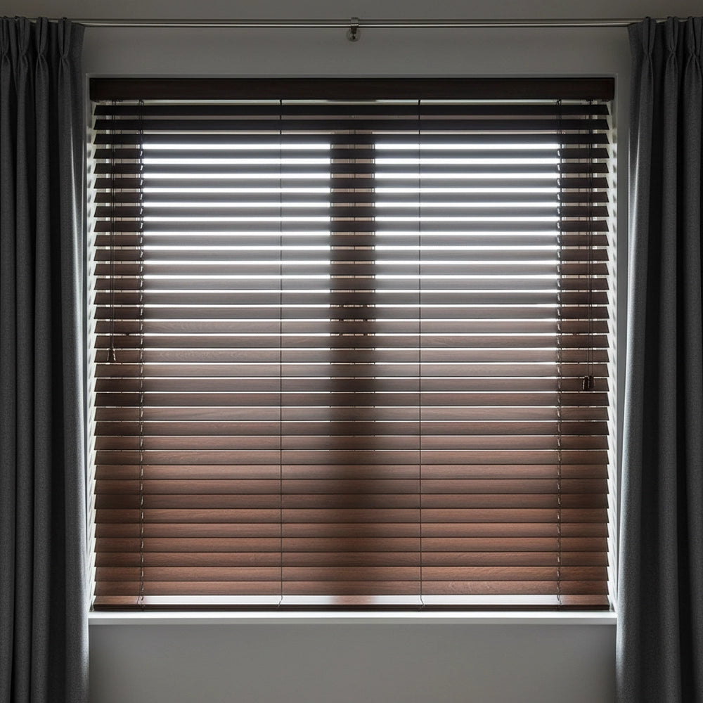 Luxury wooden Venetian blinds with grey curtains by Linen and Co - premium window treatments