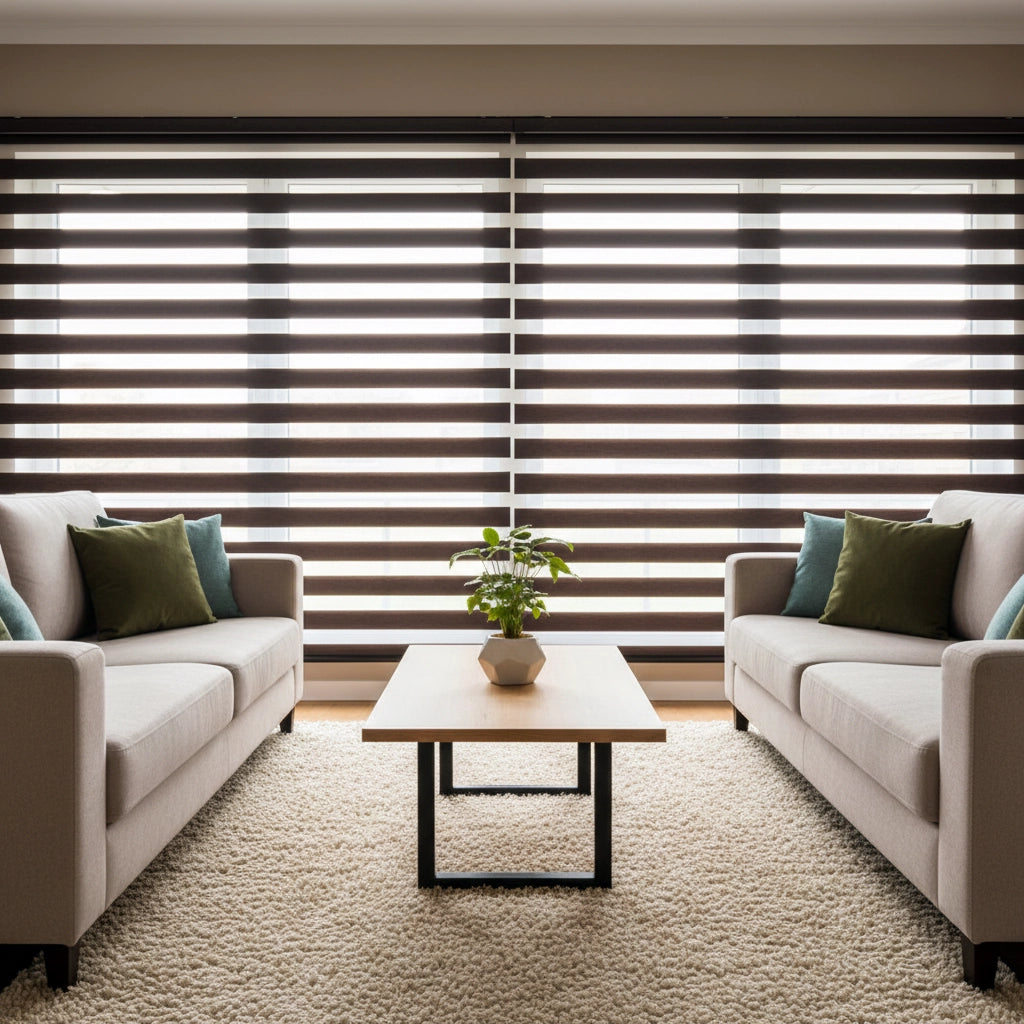 Zebra blinds with alternating sheer and opaque stripes in a modern living room, designed for light control and privacy by Linen and Co