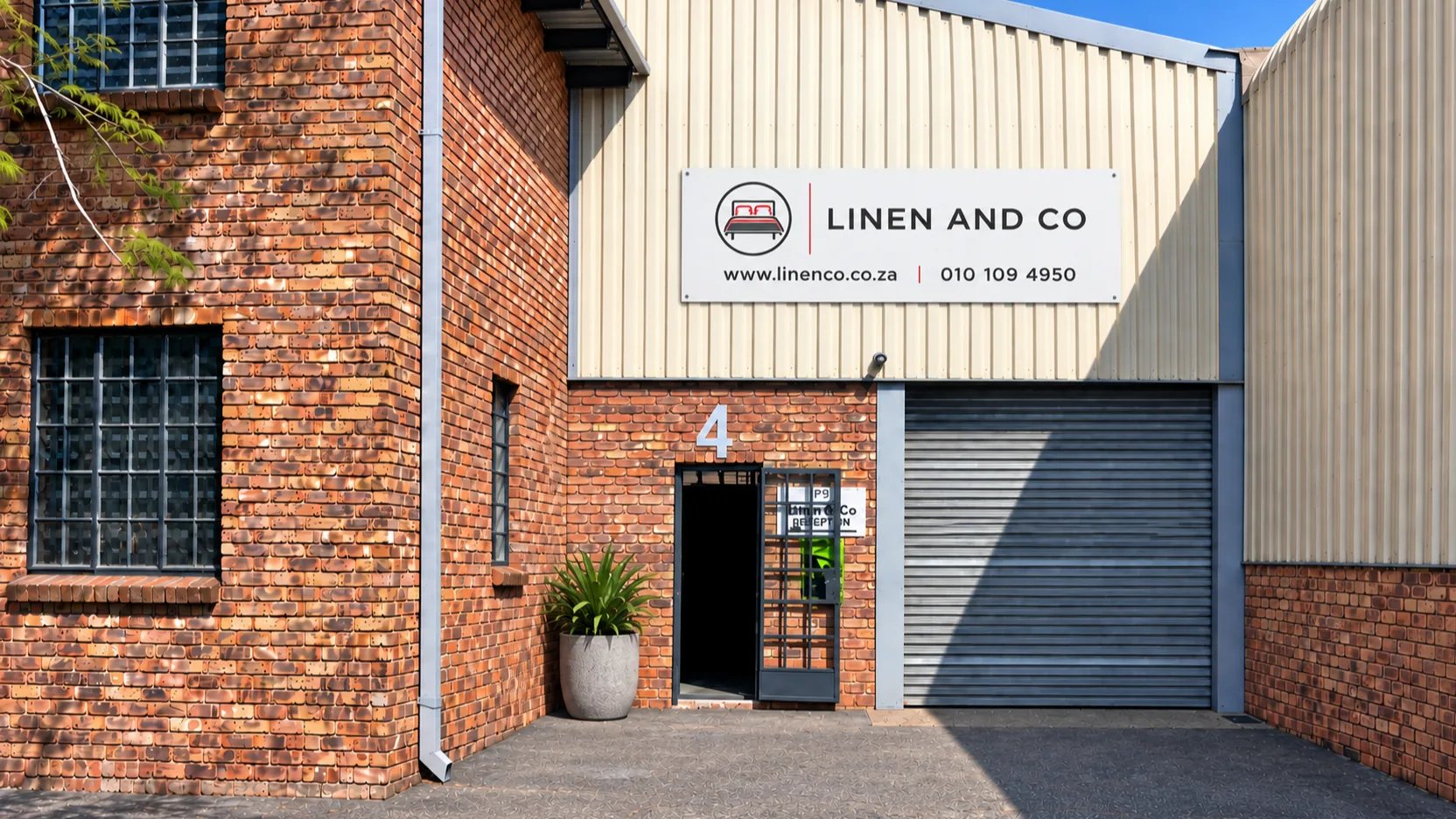 The Linen and Co building at Unit 4, 3 Mopedi Road, Sebenza, Edenvale, with its sign
