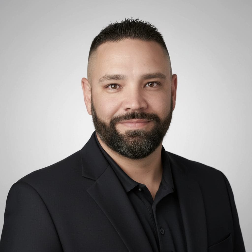 Professional headshot of Dean, team member in a black suit, representing Linen and Co hospitality textile experts.