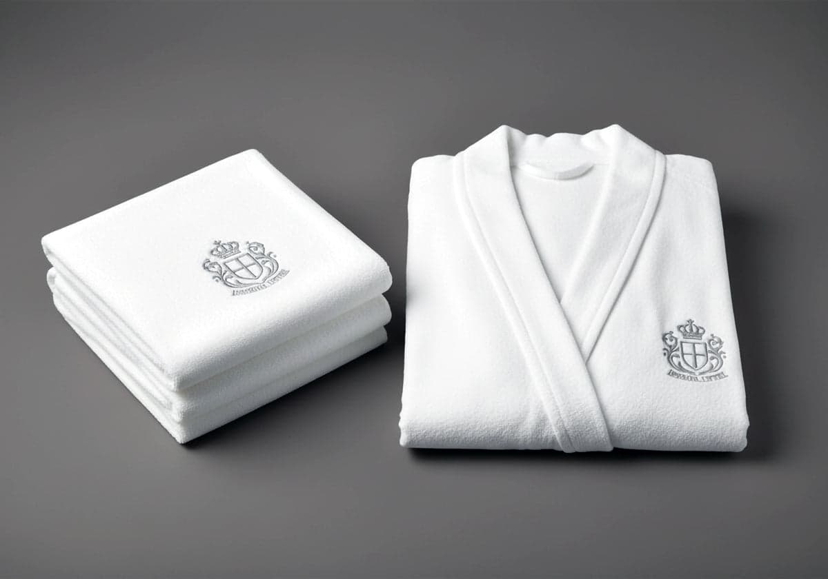 A folded white towel and bathrobe embroidered with a hotel crest