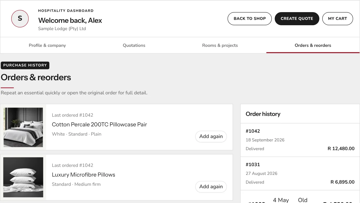 The hospitality dashboard showing recent orders with an add again button on each product