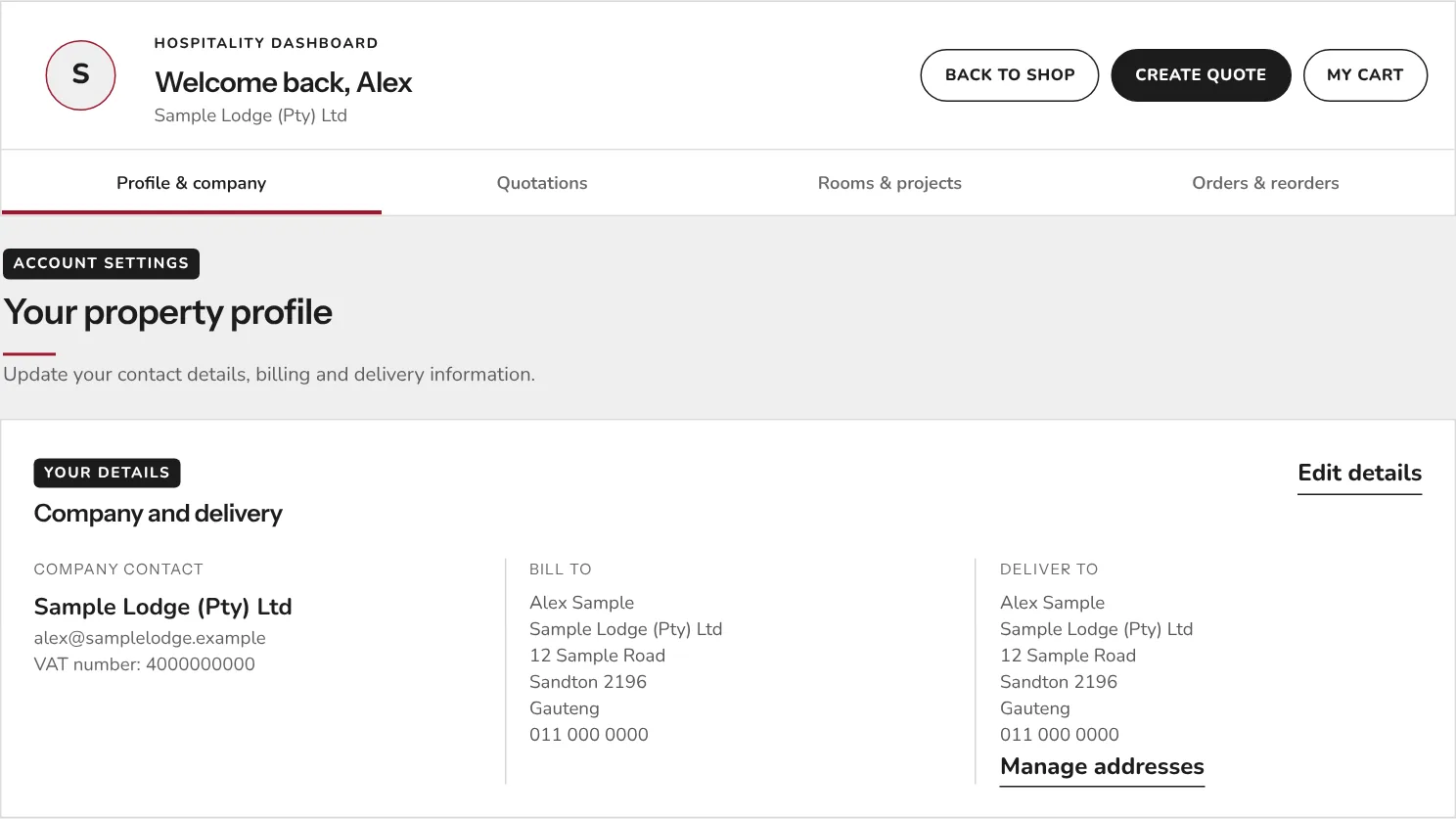 The hospitality dashboard showing the property profile with company, billing and delivery details