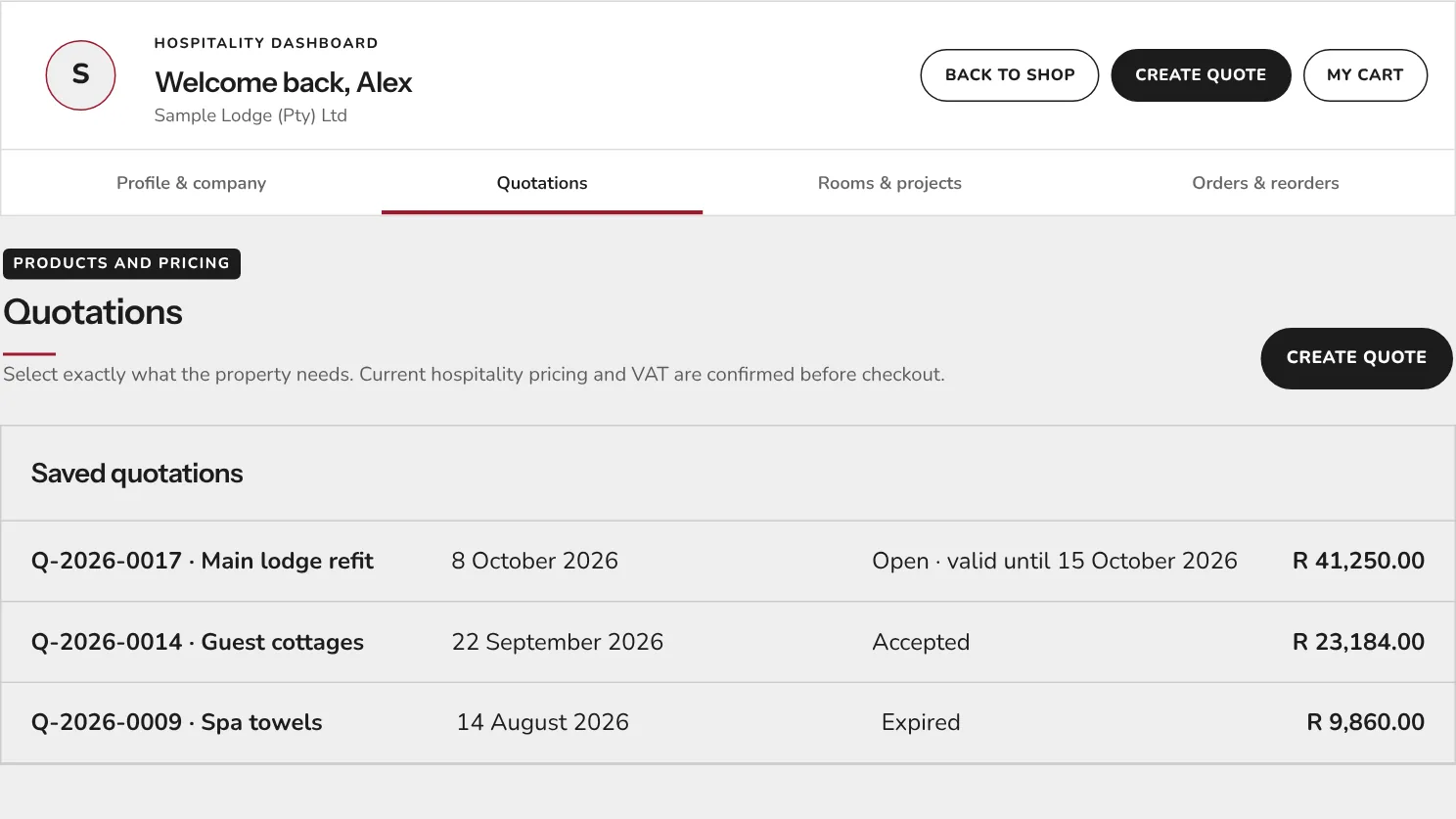 The hospitality dashboard showing saved quotations with their status, validity and total