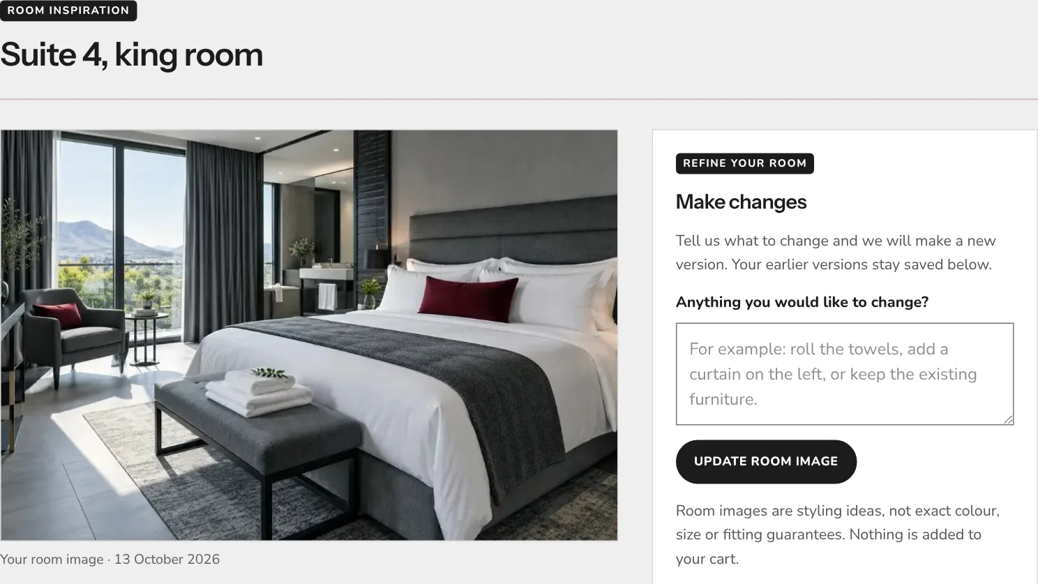 The hospitality dashboard showing a guest room styled with Linen and Co bed linen, with a box to ask for changes