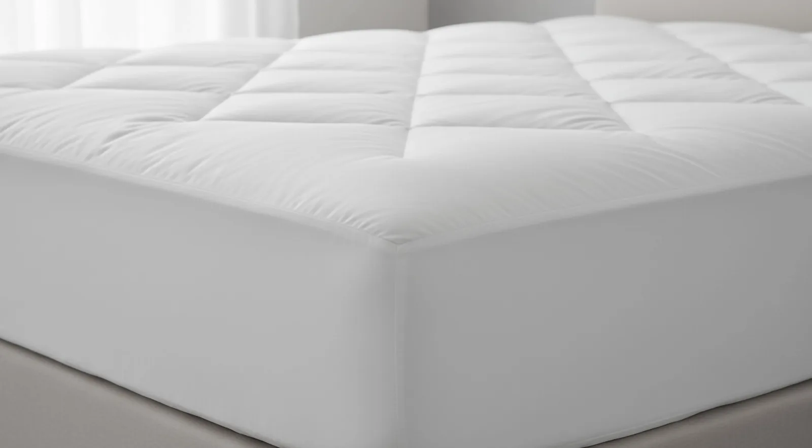 White quilted mattress topper on a made bed, close up
