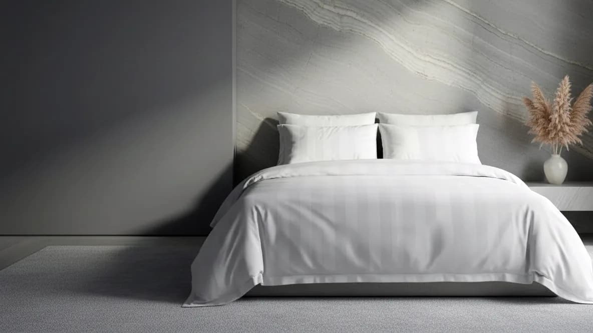 A made bed in white bed linen against a charcoal wall