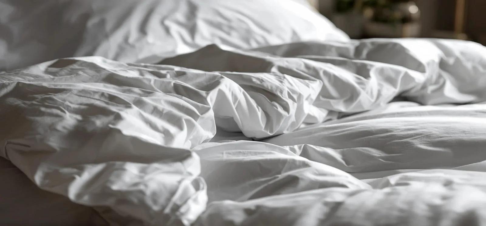 Rumpled white cotton percale bed linen, close up
