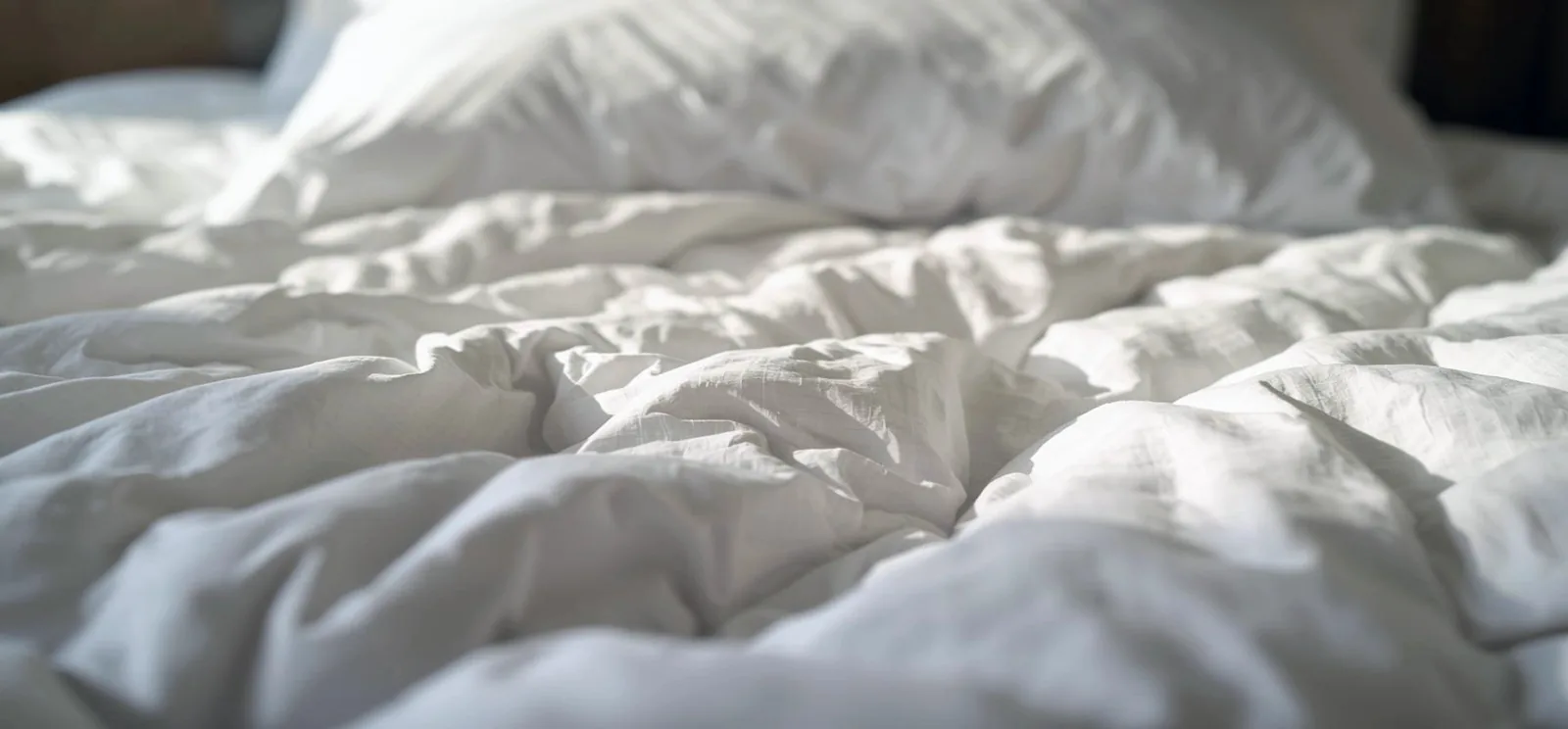 A white cotton percale duvet cover and pillows on a bed, close up