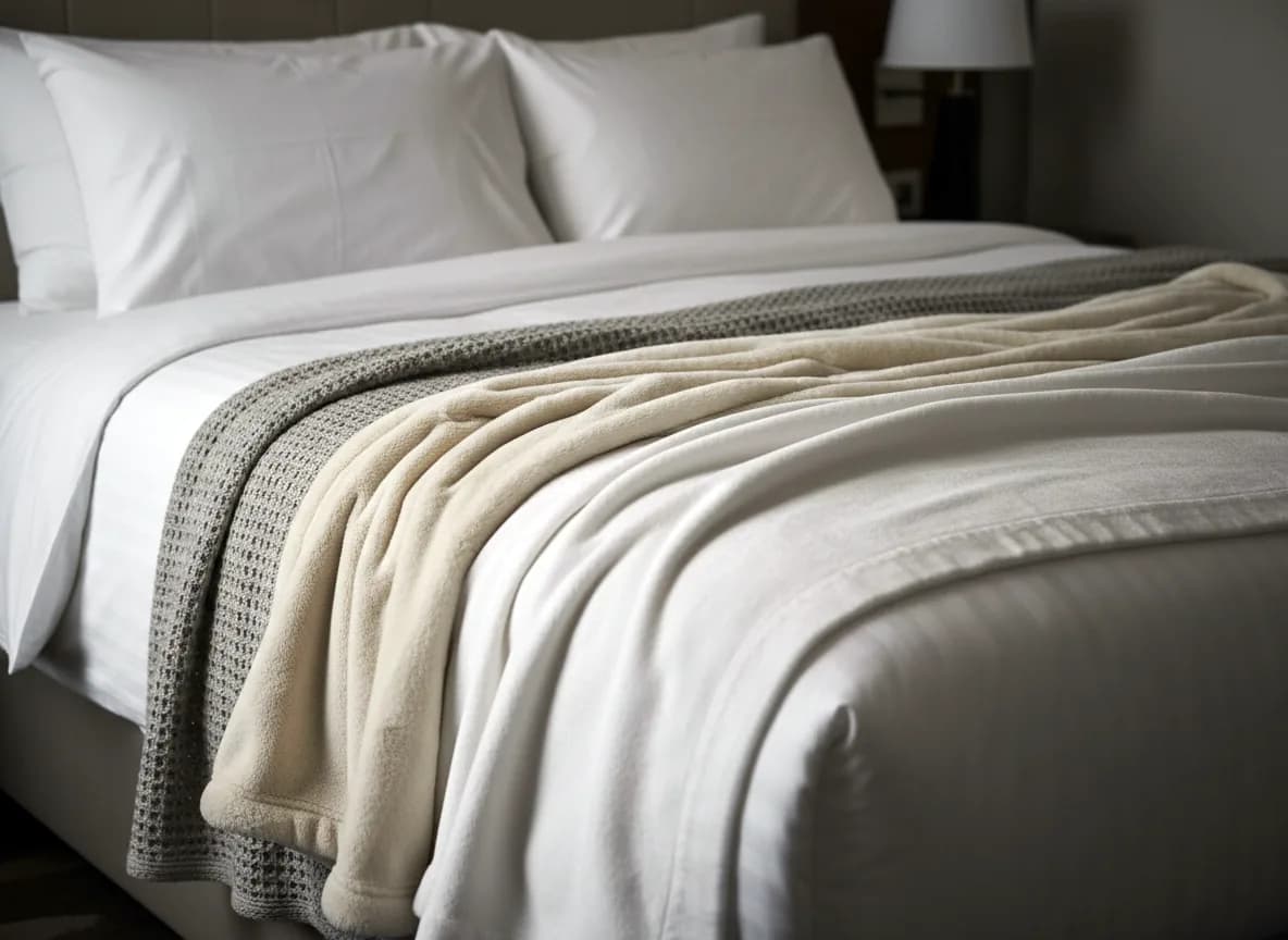 A cream throw on a white bed