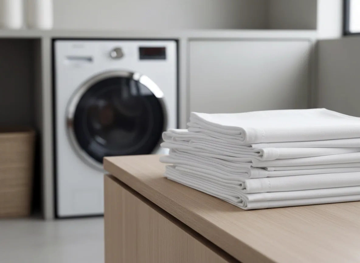 Folded white table linen on a bench in a laundry room
