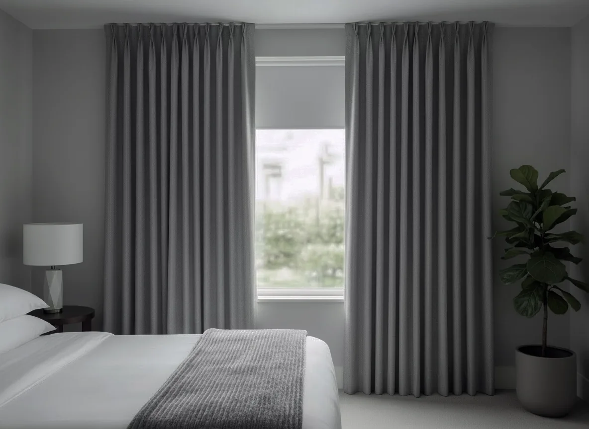 Grey curtains at a bedroom window