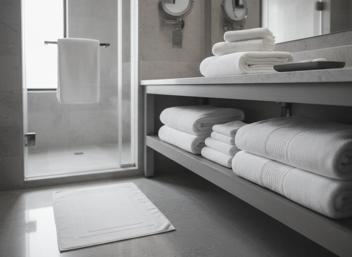 White towels on the shelves of a hotel bathroom