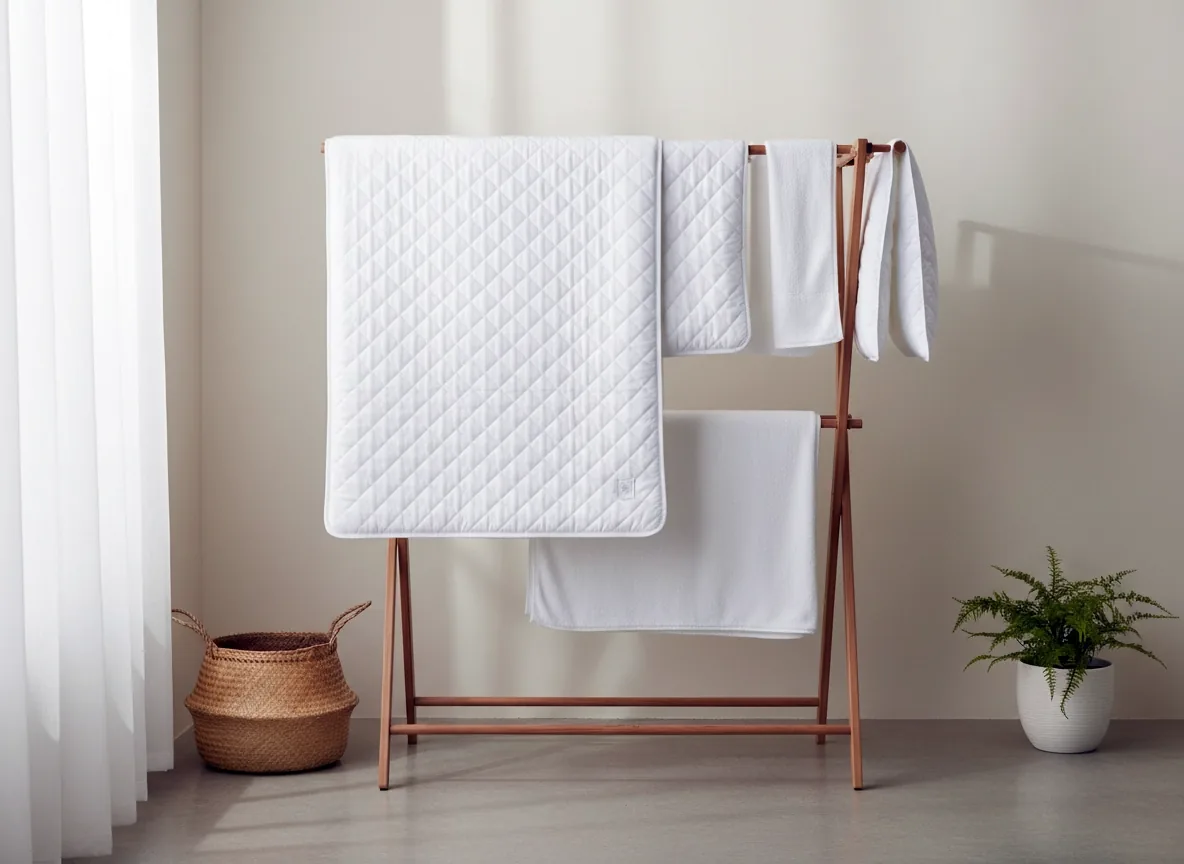 A quilted mattress protector drying on a wooden rack