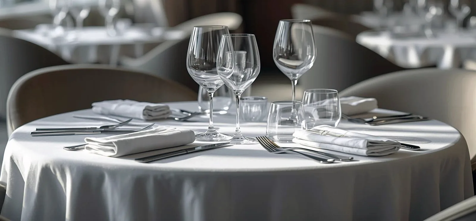 A round restaurant table in a white tablecloth, set with glasses and napkins