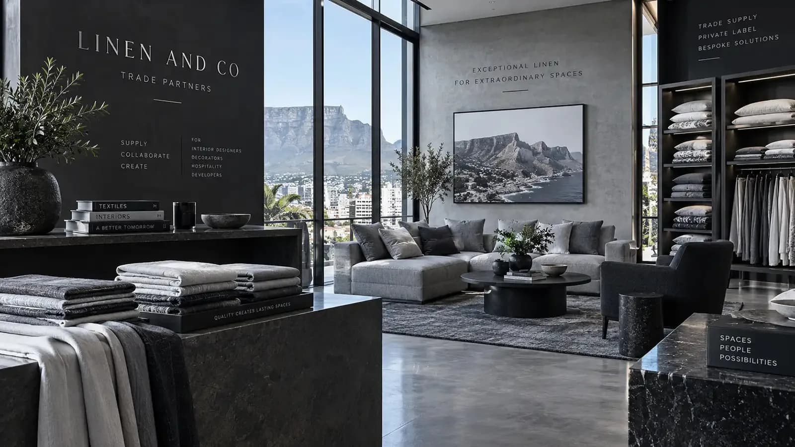 A Linen and Co Trade Partners showroom with folded linen on display and Table Mountain through the windows