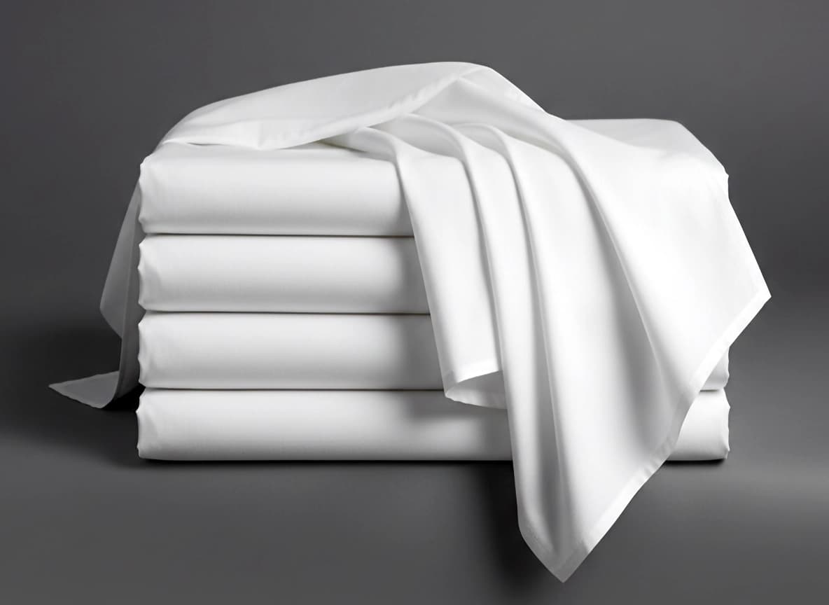 A stack of folded white flat sheets with one draped over the top