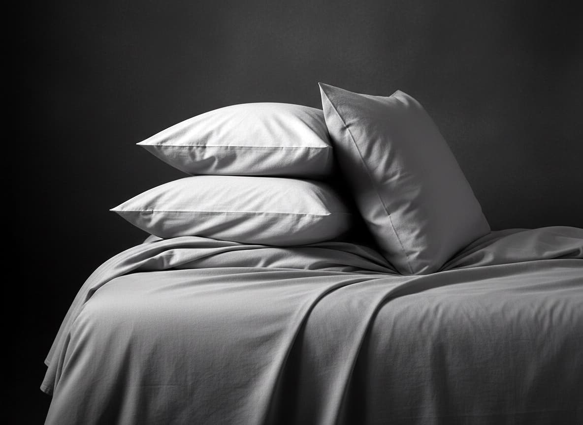 A bed made up in grey percale bed linen