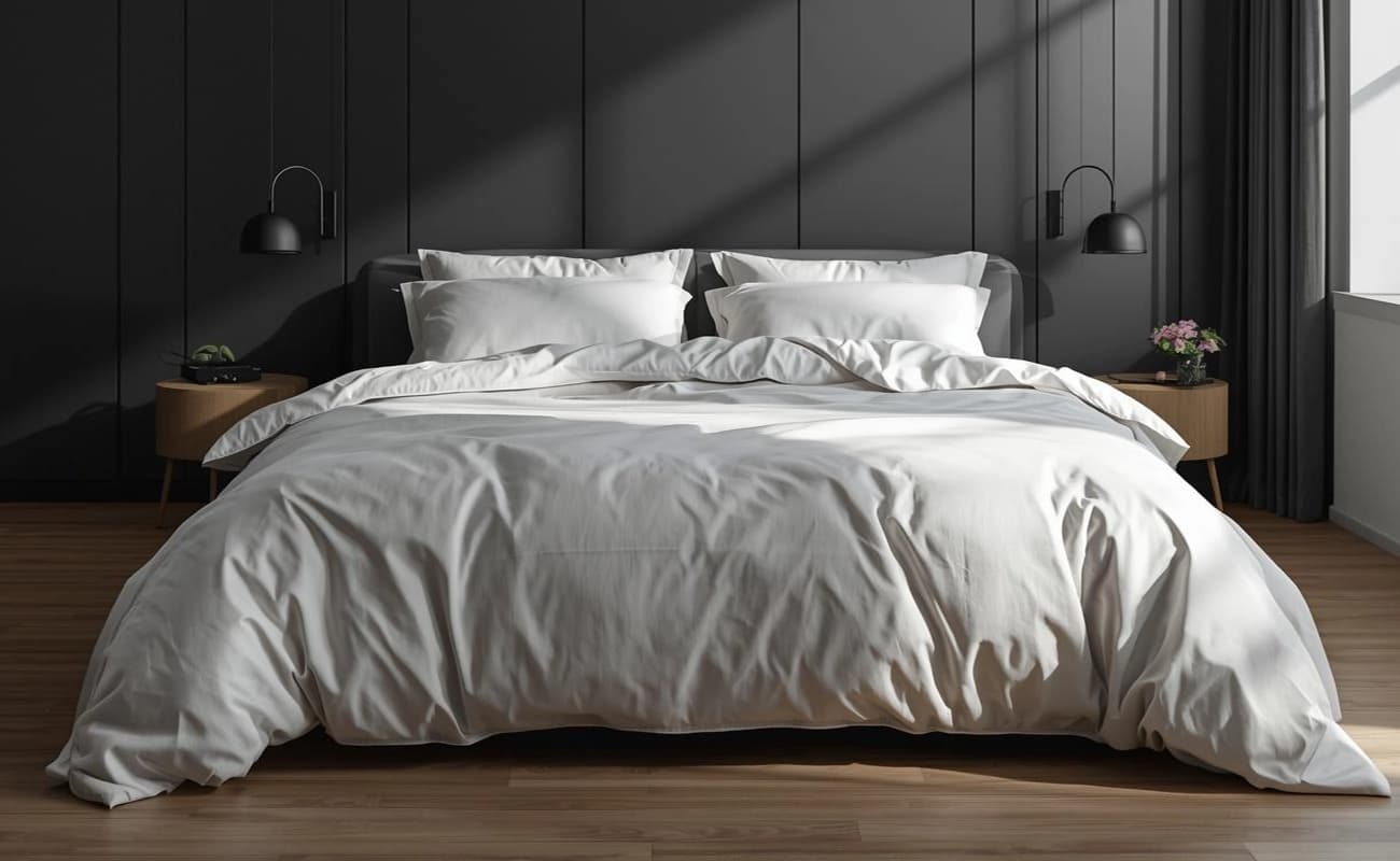 A made bed in white hotel bed linen in a dark modern bedroom