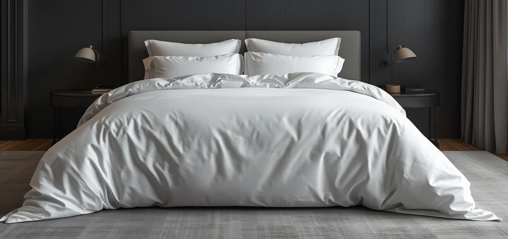 A bed made up in a white duvet cover and pillowcases in a charcoal bedroom
