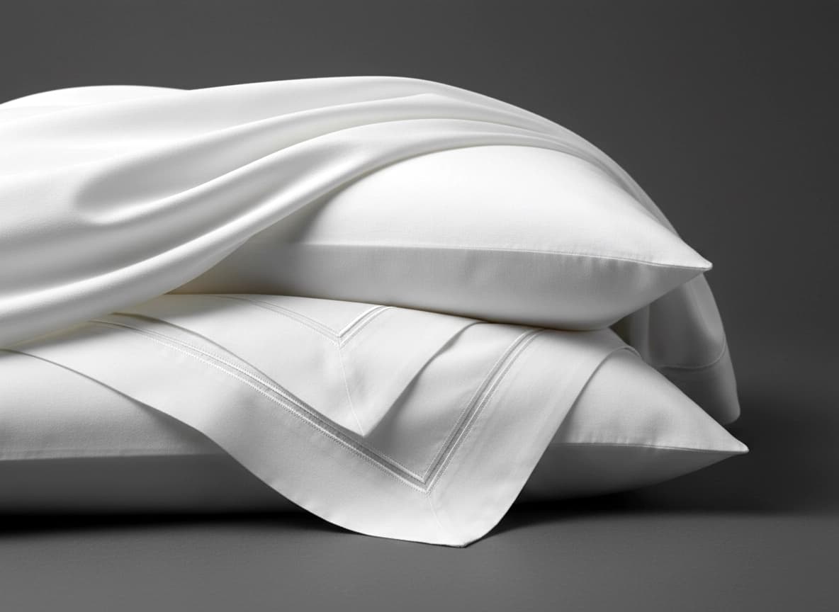 White pillowcases with a satin stitch border on a grey backdrop