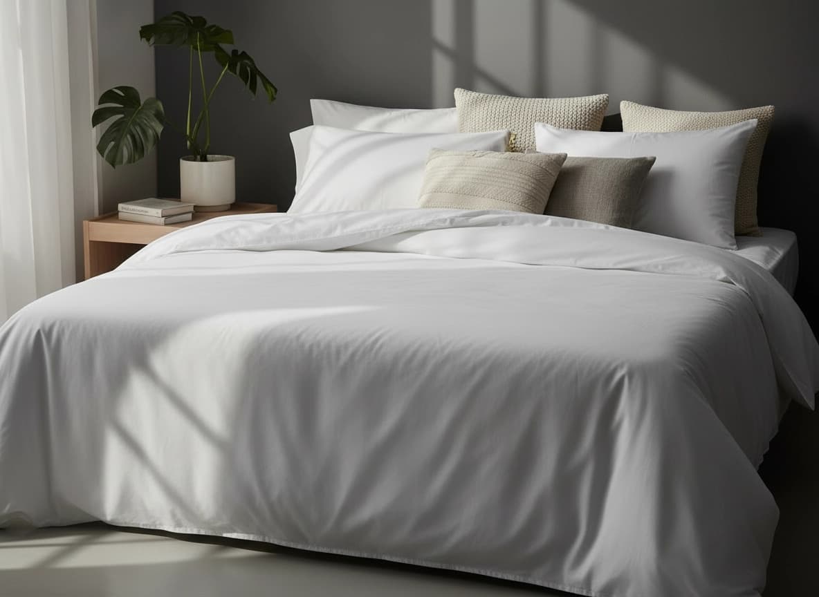 A bed in white polycotton percale bed linen in a bright bedroom
