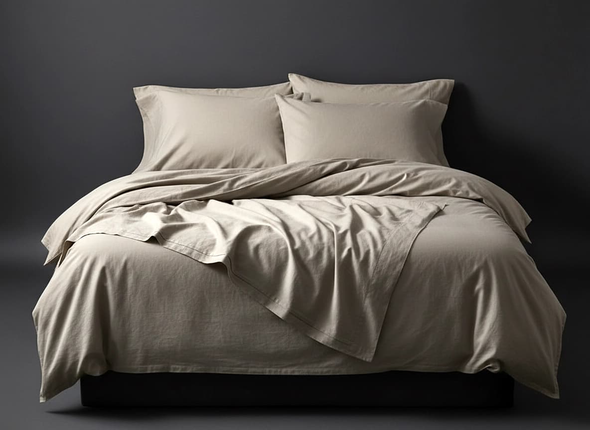 A bed made up in stone percale bed linen