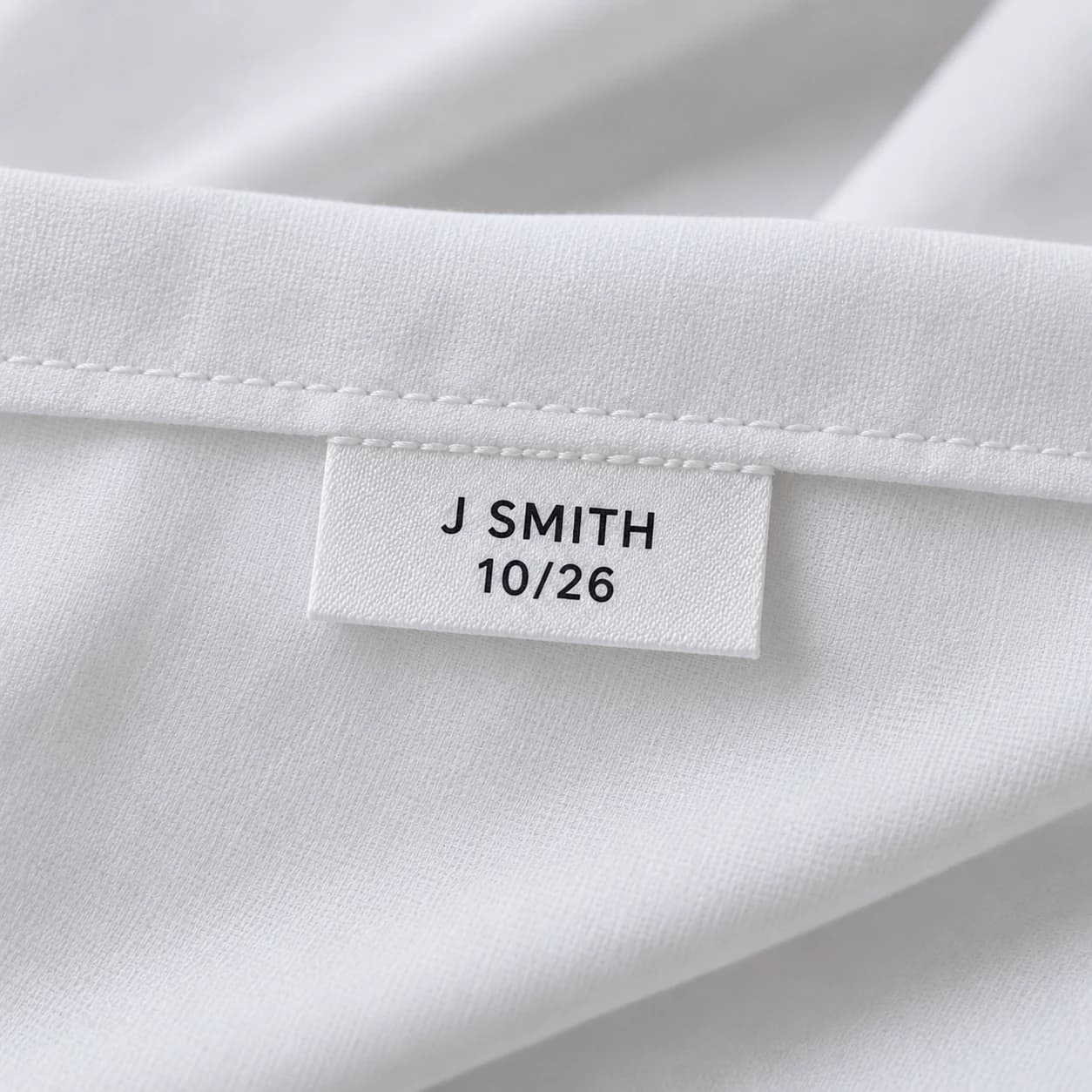 A white laundry identification label printed J SMITH 10/26 sewn into the hem of white linen by Linen and Co