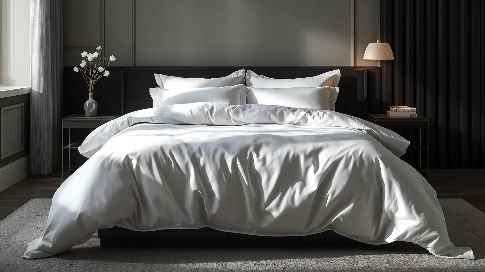 A bed made up in white cotton percale 200TC in a dark bedroom